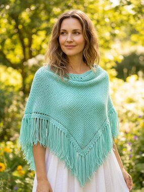 NEW Mint Green Hand Knitted Shawl Wrap Scarf Boho Fringe Coquette Boho Artsy